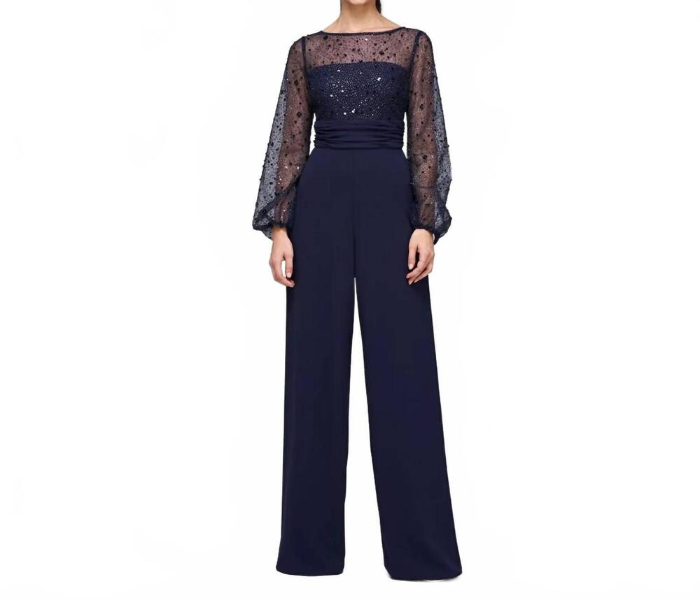 NEW JS COLLECTIONS women's raelynn beaded wide leg jumpsuit in navy